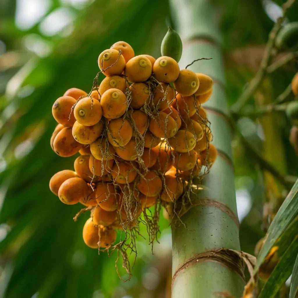 Areca Nut Palm (Areca catechu) live fruit plant with healthy green foliage in nursery grow bag