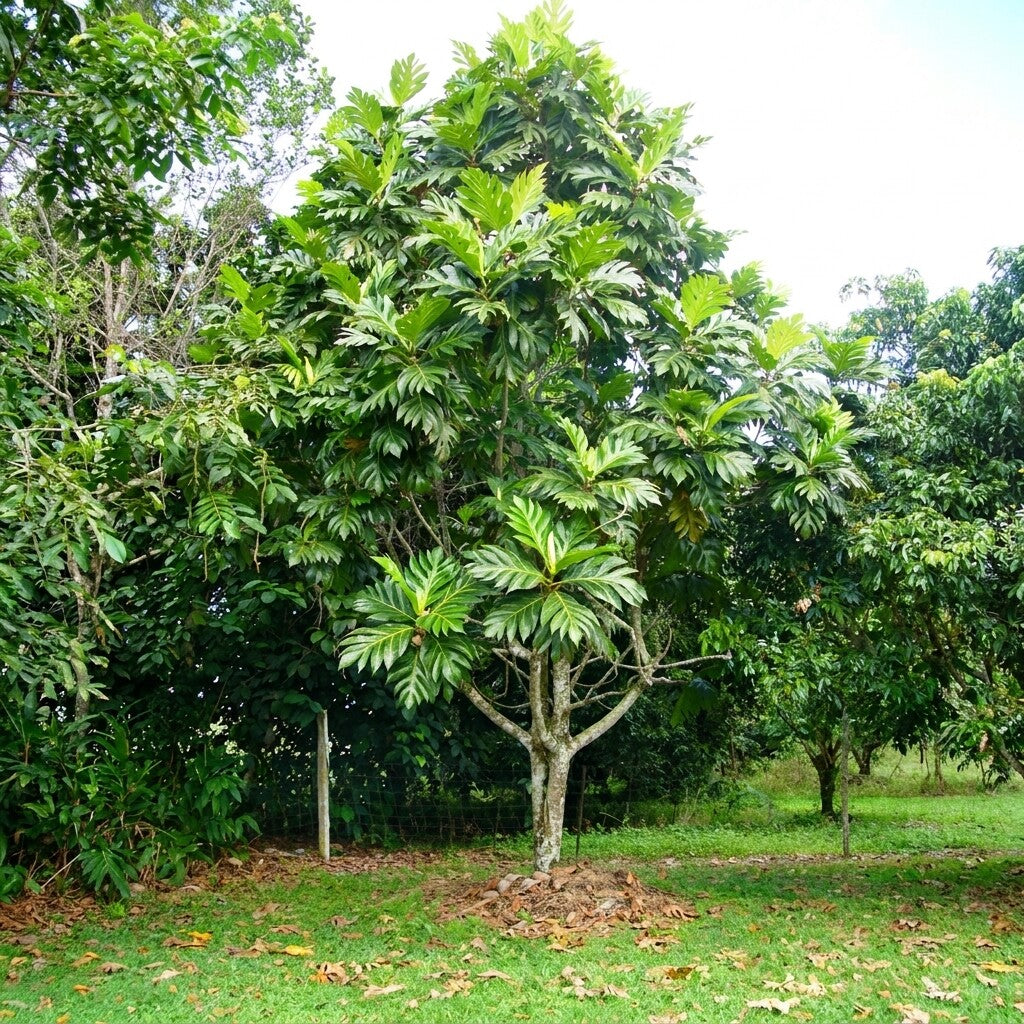 Breadfruit (Kadachakka) live plant grown from root cutting in nursery pot with healthy green leaves | Tropical fruit plant | Keraleaf