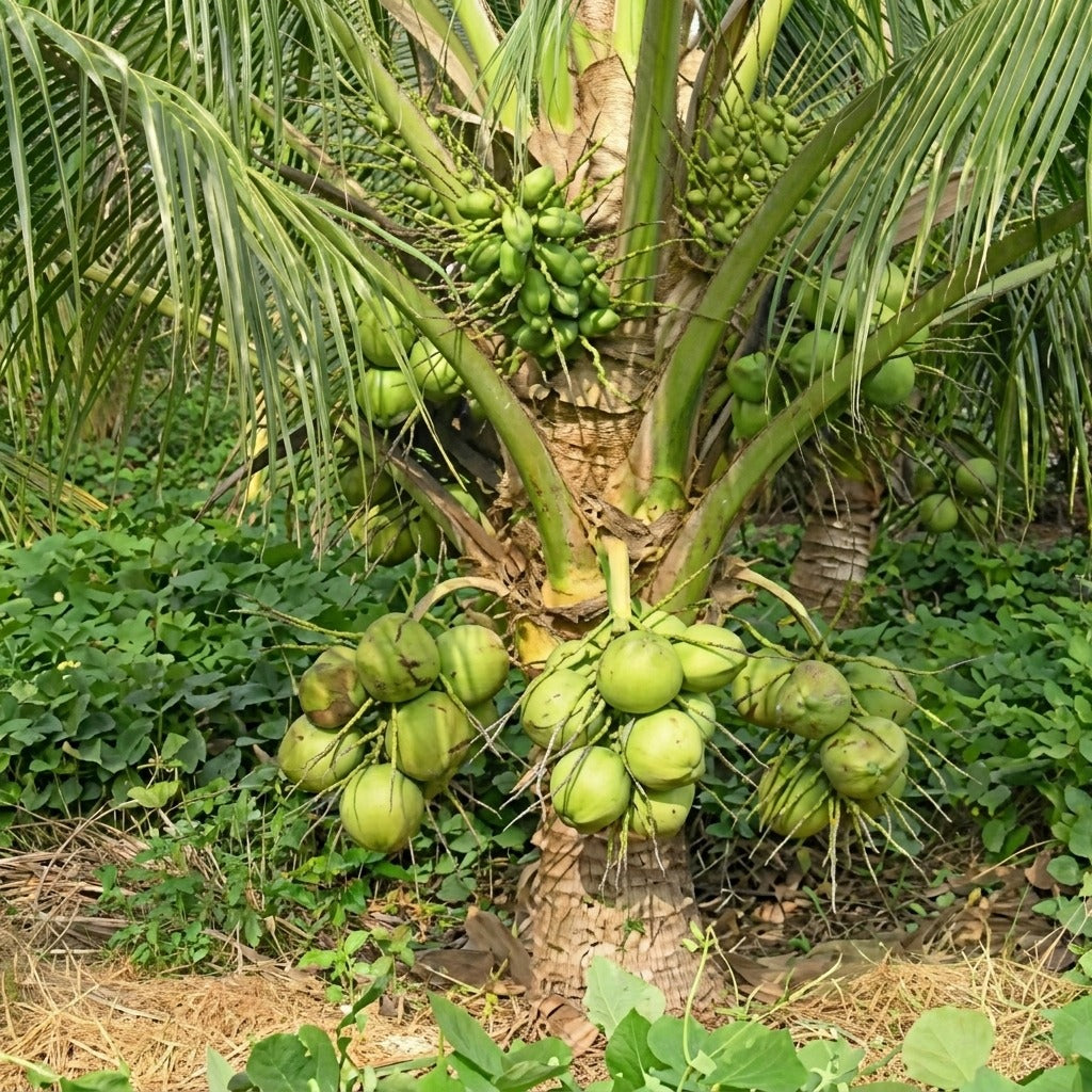 18th Patta Dwarf hybrid coconut (Thengu) seedling in nursery bag with healthy green leaves | Premium coconut plant | Keraleaf