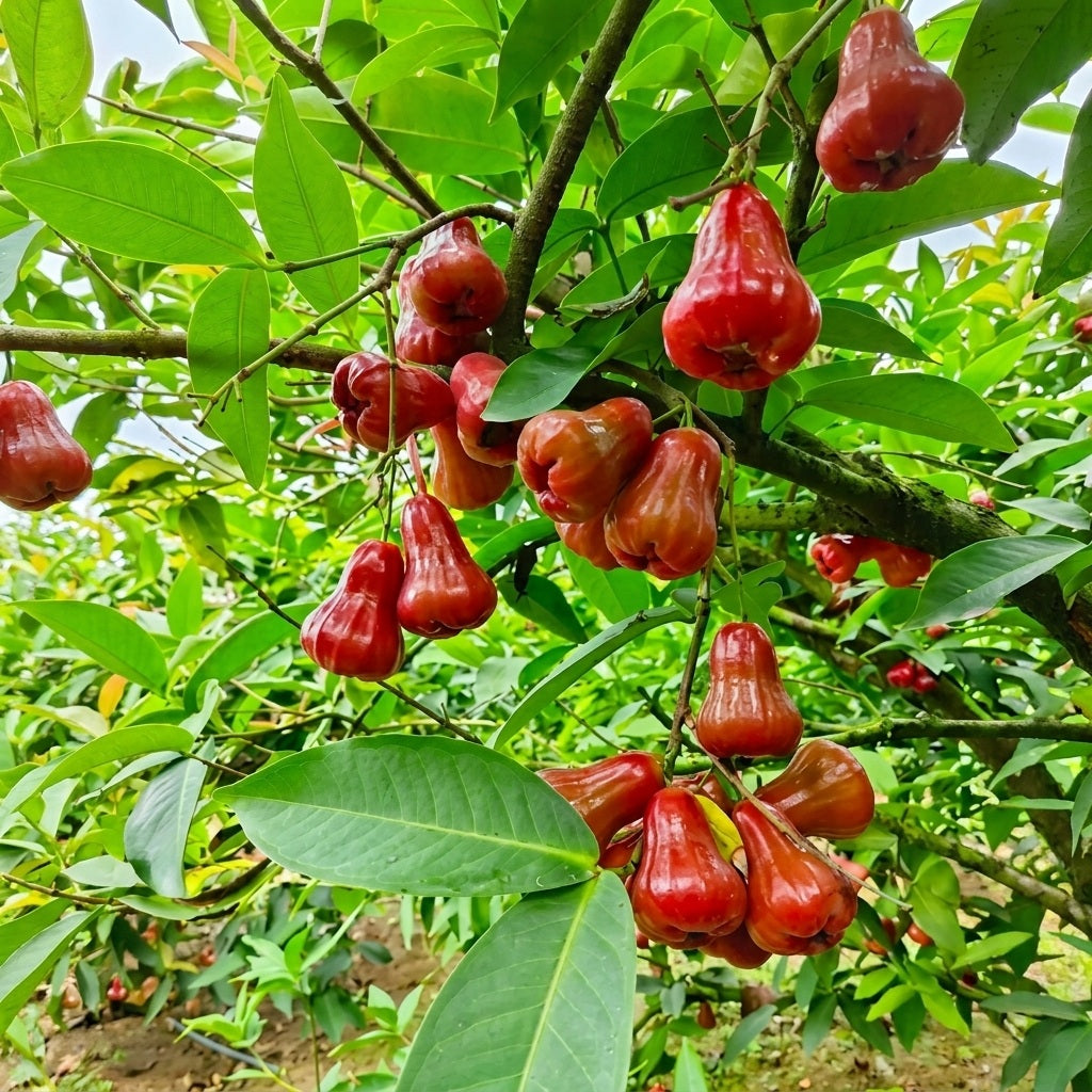 Thai Red Wax Apple (Chamba) layered live fruit plant in nursery pot with healthy green foliage | Premium tropical fruit plant | Keraleaf