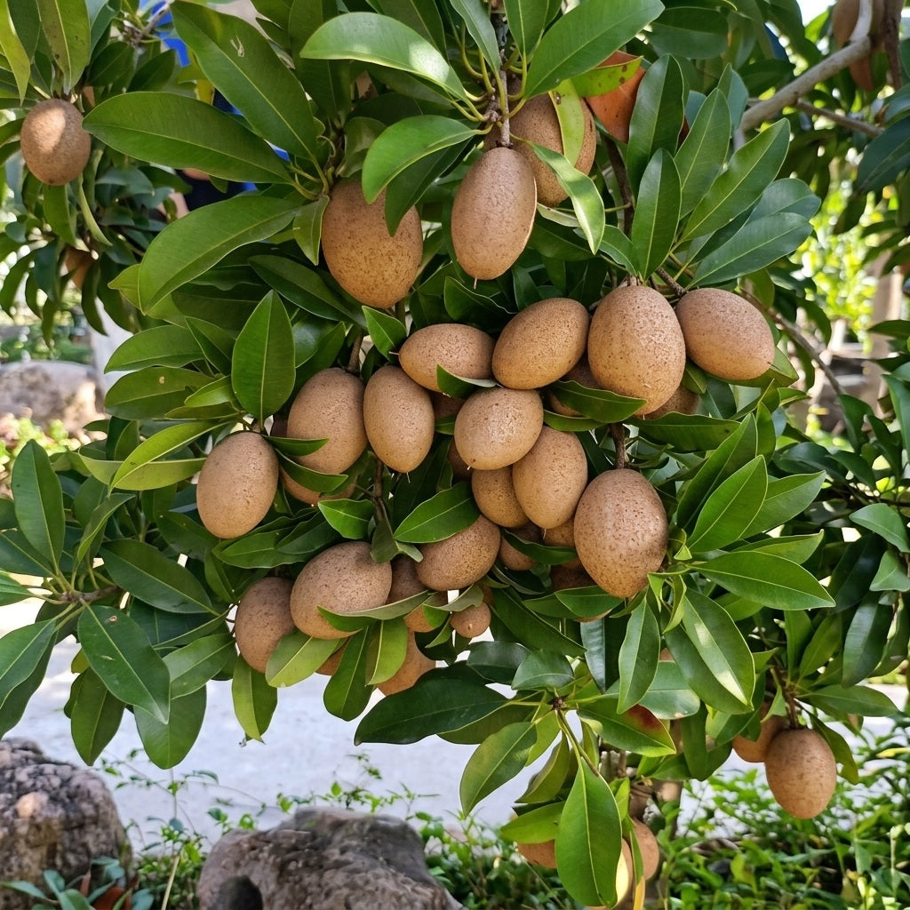 Variegated Chikoo (Sapota) grafted live fruit plant in nursery pot with healthy variegated green leaves | Premium fruit plant | Keraleaf
