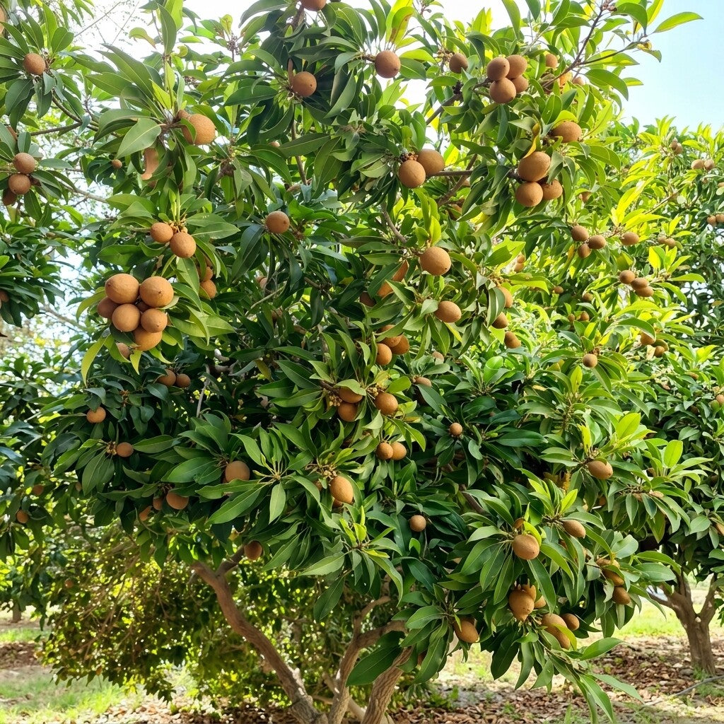 Desi Chikoo (Sapota) grafted live fruit plant in nursery pot with healthy green foliage | Premium tropical fruit plant | Keraleaf