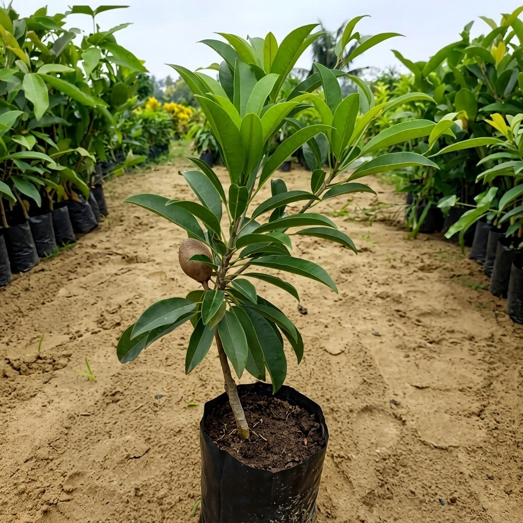 Desi Chikoo (Sapota) grafted live fruit plant in nursery pot with healthy green foliage | Premium tropical fruit plant | Keraleaf