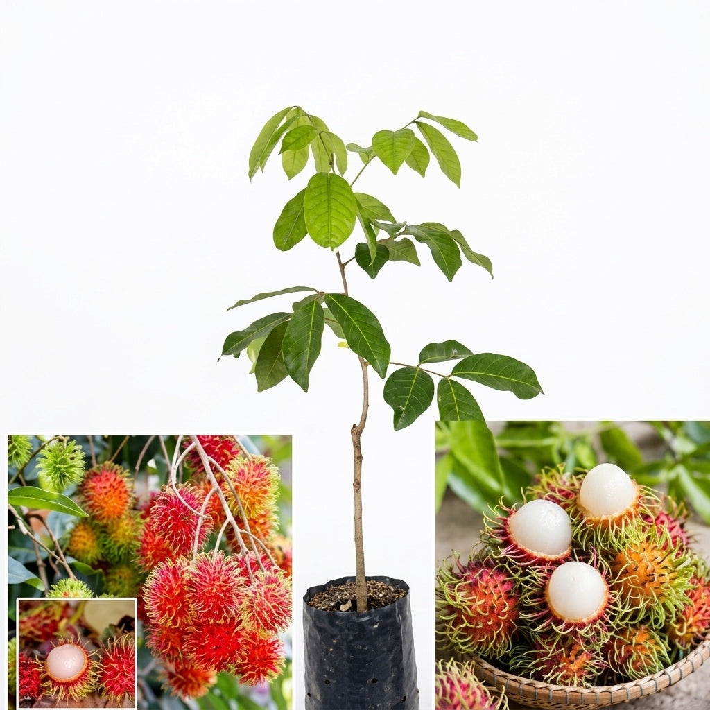 Rongrien Rambutan budded live fruit plant in nursery pot with healthy green foliage | Premium tropical fruit plant | Keraleaf