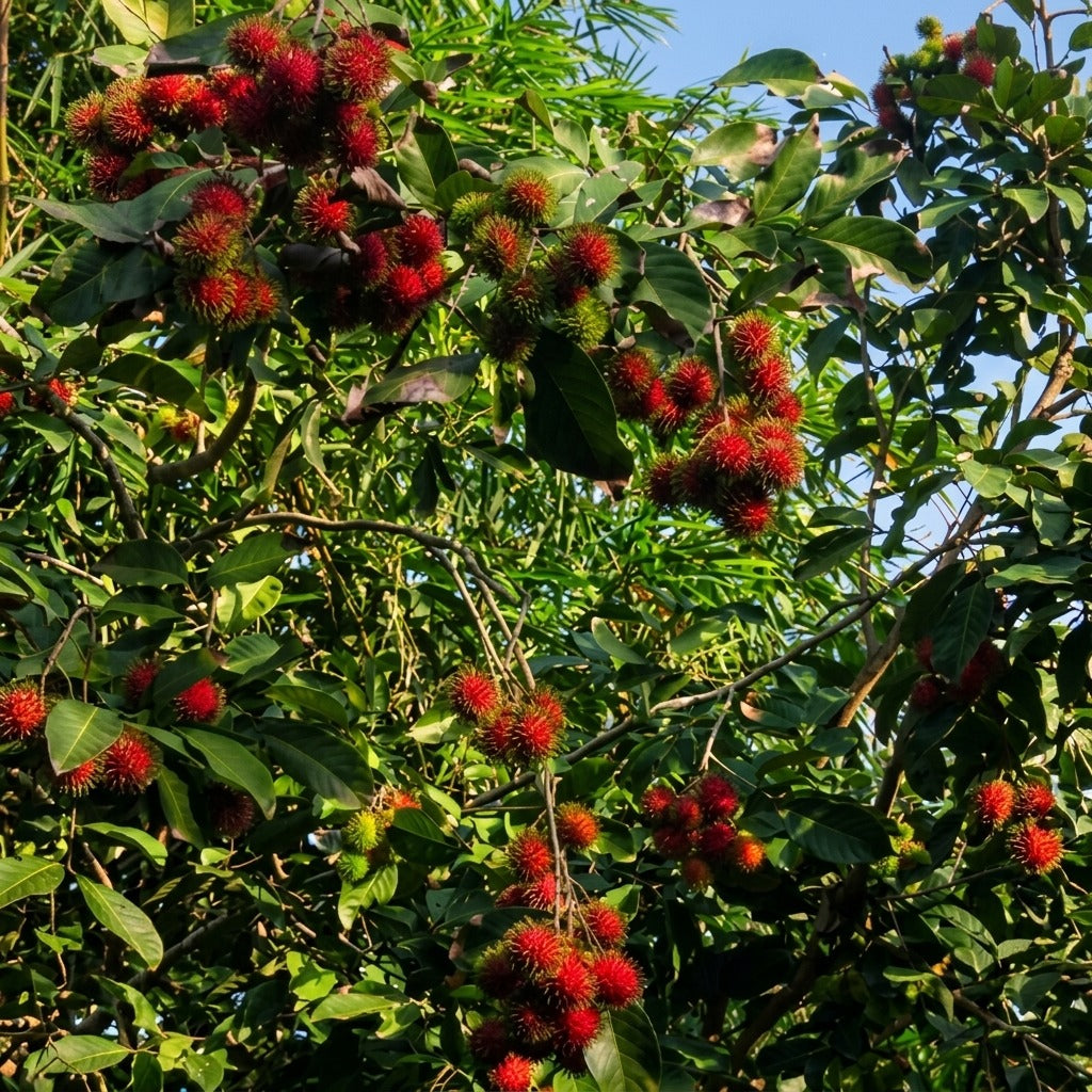 Rongrien Rambutan budded live fruit plant in nursery pot with healthy green foliage | Premium tropical fruit plant | Keraleaf