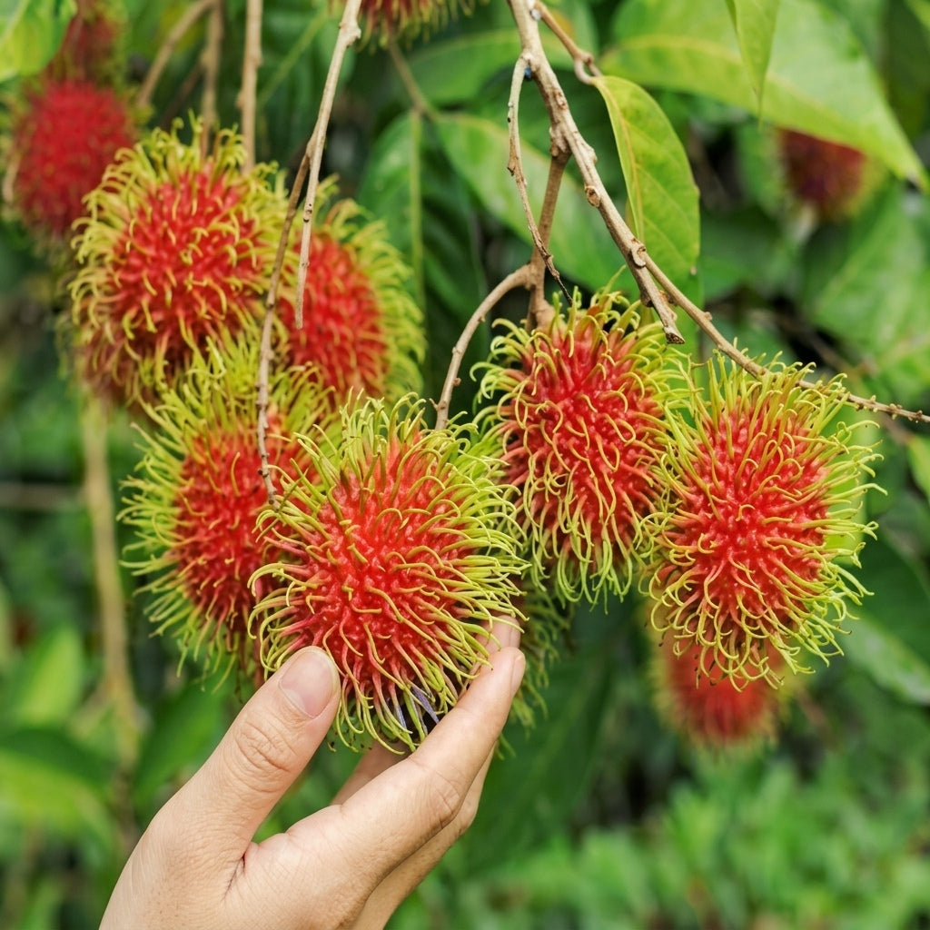 Malwana Rambutan budded live fruit plant in nursery pot with healthy green foliage | Premium tropical fruit plant | Keraleaf
