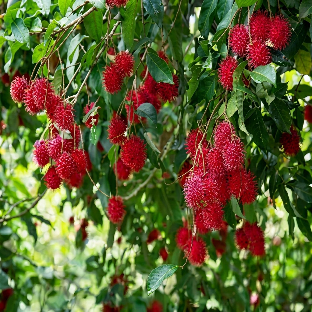Malwana Rambutan budded live fruit plant in nursery pot with healthy green foliage | Premium tropical fruit plant | Keraleaf