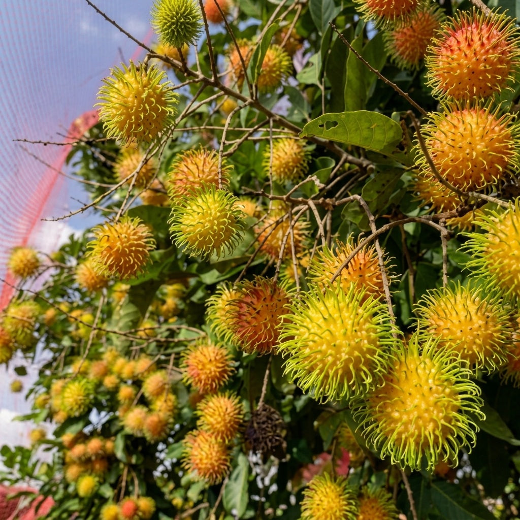 E35 Yellow Rambutan budded live fruit plant in nursery pot with healthy green foliage | Premium tropical fruit plant | Keraleaf