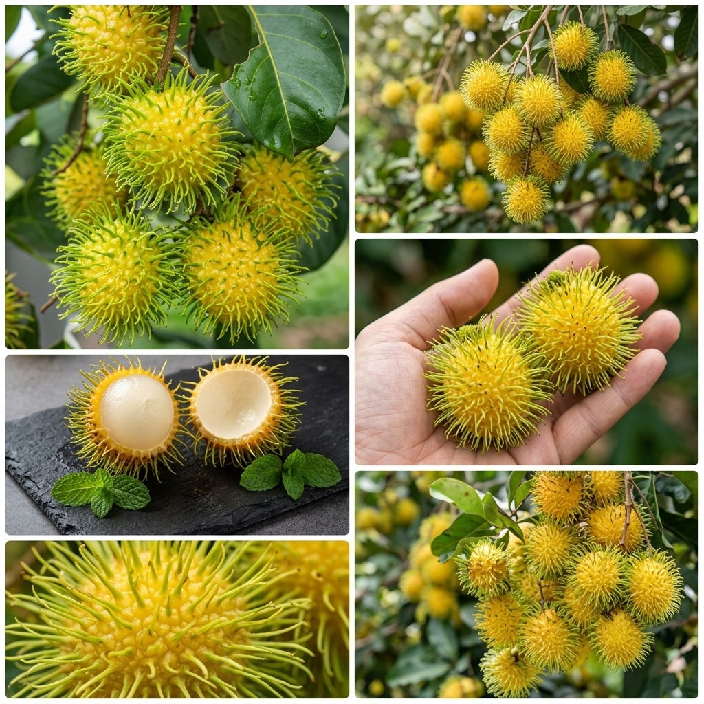 E35 Yellow Rambutan budded live fruit plant in nursery pot with healthy green foliage | Premium tropical fruit plant | Keraleaf