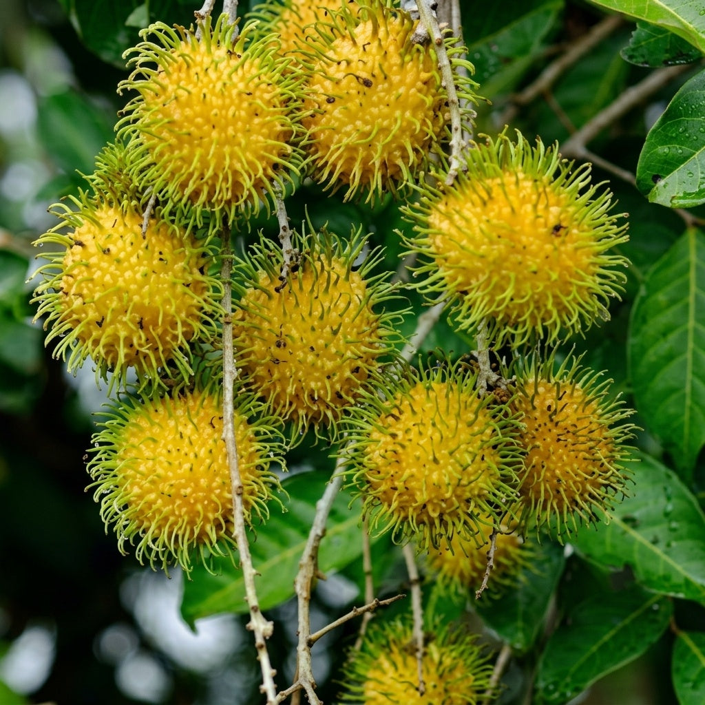 E35 Yellow Rambutan budded live fruit plant in nursery pot with healthy green foliage | Premium tropical fruit plant | Keraleaf