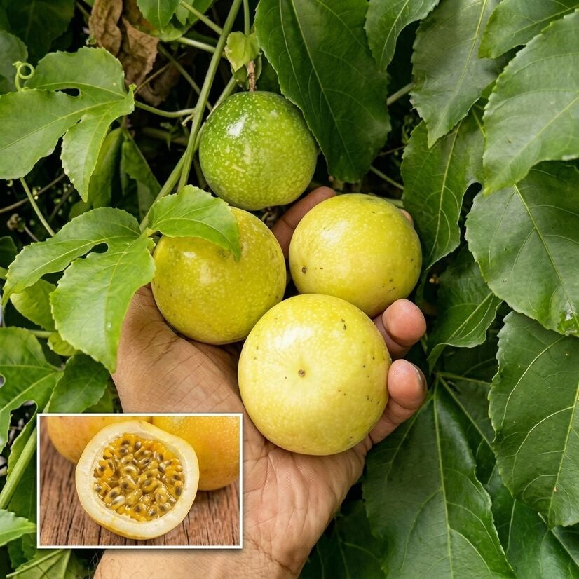 Yellow Passion Fruit layered live plant in nursery pot with healthy green vine | Tropical fruit plant | Keraleaf