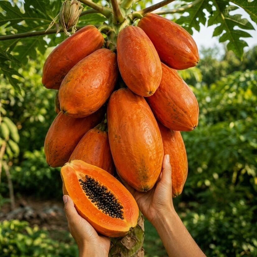 Red Lady Papaya seedling live fruit plant in nursery pot with healthy green foliage | High-yield tropical fruit plant | Keraleaf