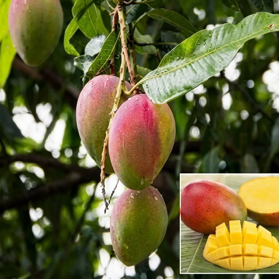 Sindhooram Mango grafted live fruit plant in nursery pot with healthy green foliage | Premium mango plant | Keraleaf