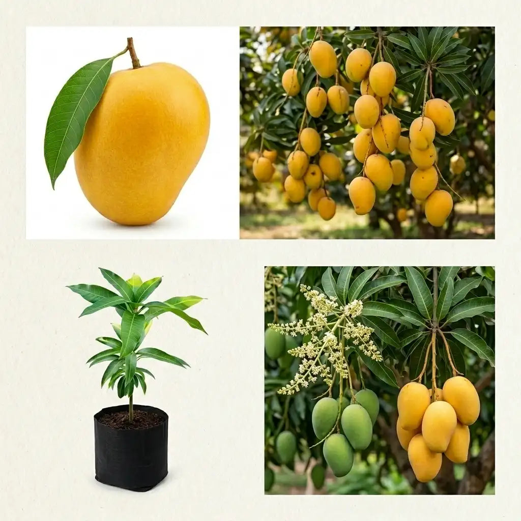 Amrutham Mango grafted live fruit plant in nursery pot with healthy green foliage | Premium diabetic-friendly mango plant | Keraleaf