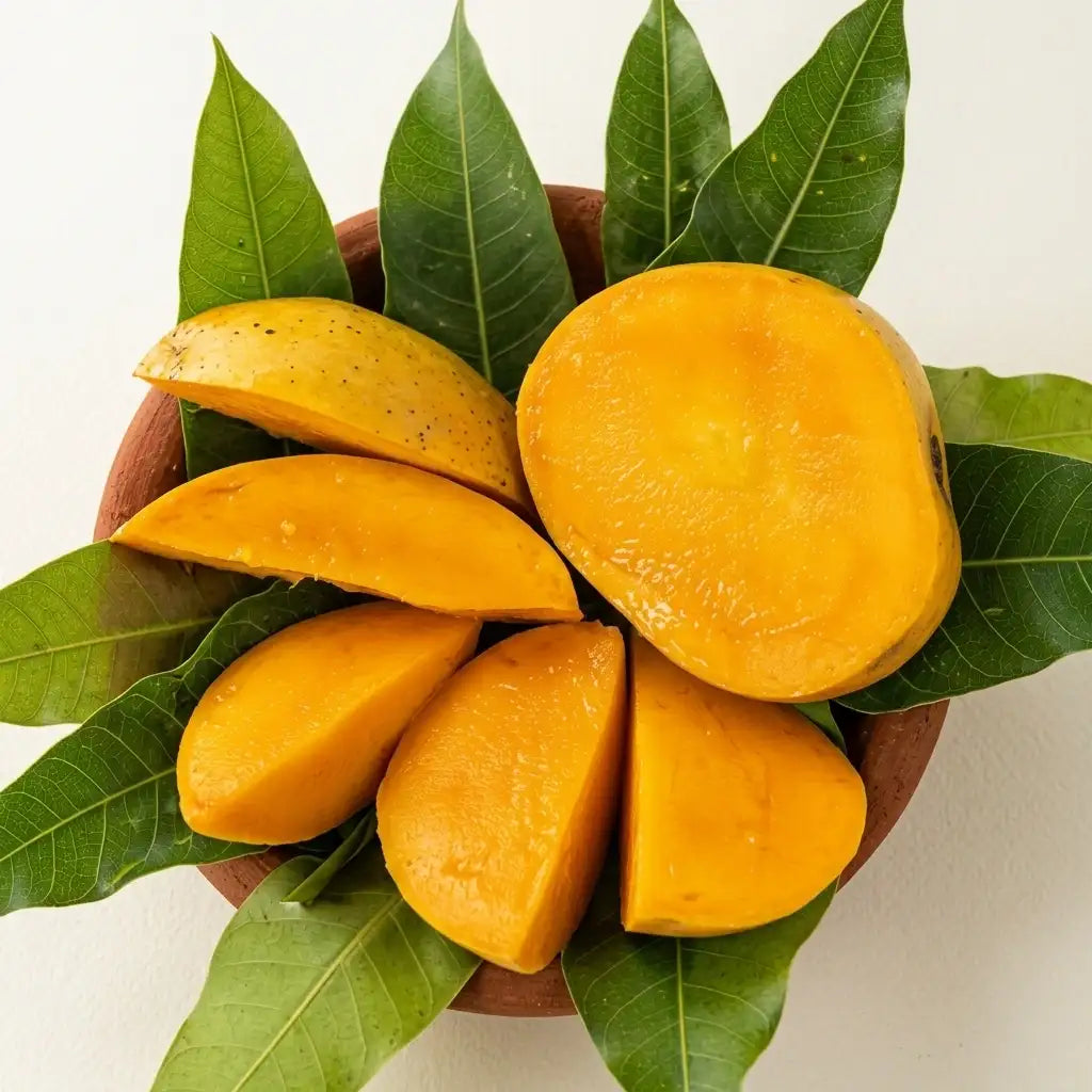 Amrutham Mango grafted live fruit plant in nursery pot with healthy green foliage | Premium diabetic-friendly mango plant | Keraleaf