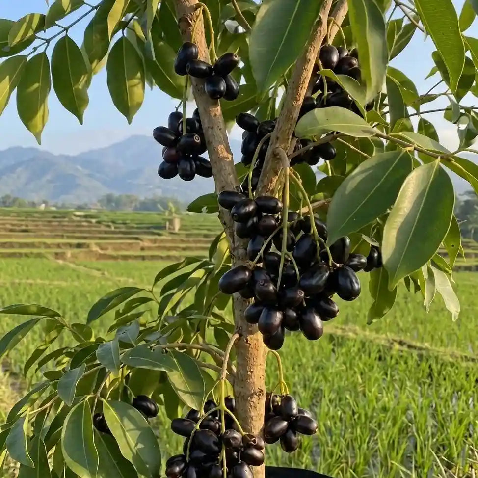 Boroli Jumbo Jamun (Njaval) grafted live fruit plant in nursery pot with healthy green foliage | Premium tropical fruit plant | Keraleaf