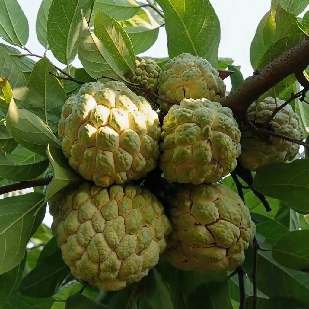 Custard Apple / Seethapazham (Golden) grafted live fruit plant in nursery pot with healthy green foliage | Exotic tropical fruit plant | Keraleaf