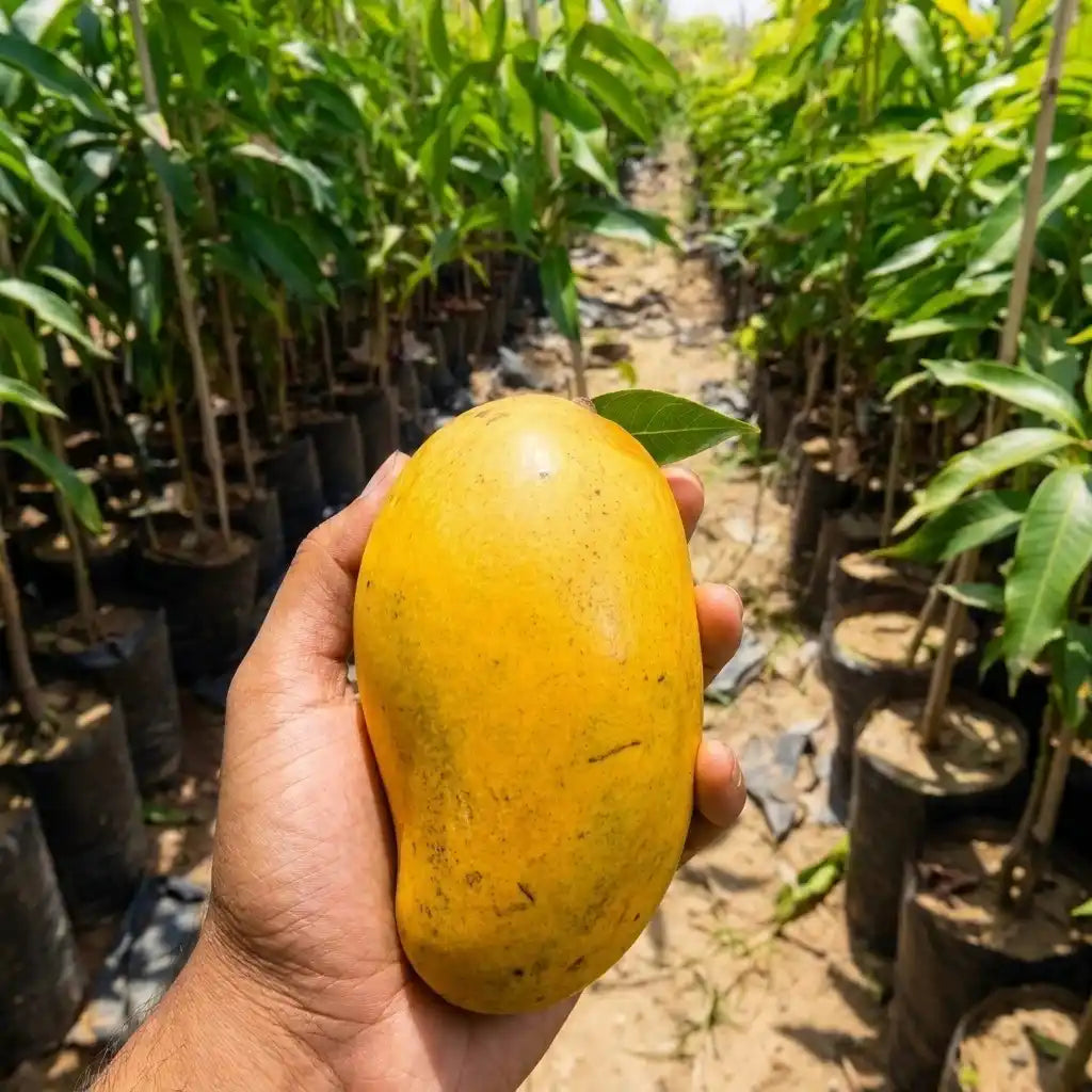 Alphonso Mango grafted live fruit plant in nursery pot with healthy green foliage | Premium Indian mango plant | Keraleaf